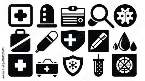 Health-related symbols in black and white showcasing medical care and emergency services