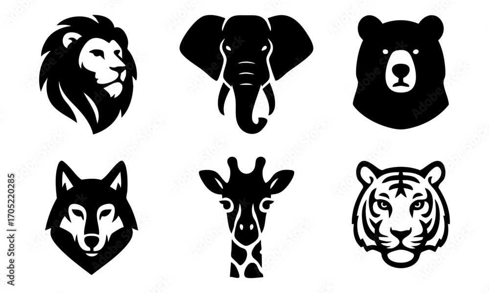 Fototapeta premium Wild Animals Flat Vector Icon Set – Lion, Tiger, Panda, Elephant