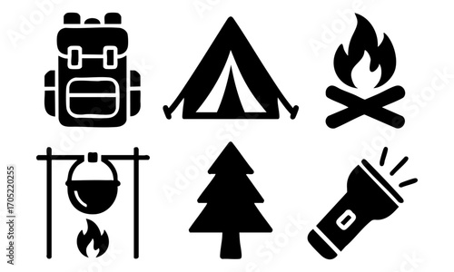 Camping and Hiking Flat Vector Icon Set – Outdoor Adventure