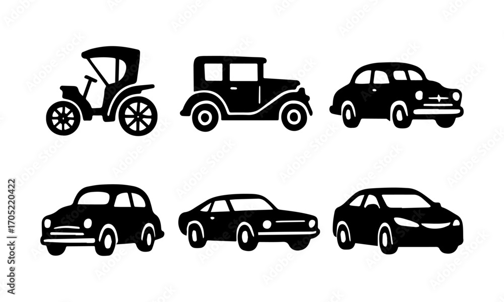 Fototapeta premium Cars Evolution Flat Vector Icon Set – Retro to Modern Vehicles