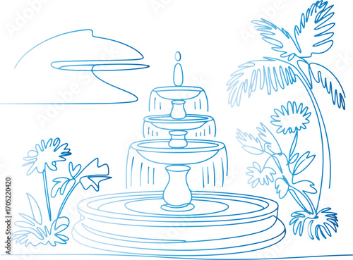 Blue Fountain with Tropical Plants Line Art water park