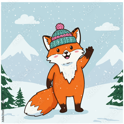 A smiling cartoon fox waves joyfully in a snowy landscape, wearing a vibrant knit hat with rosy cheeks and surrounded by falling snowflakes, pine trees, and mountains.