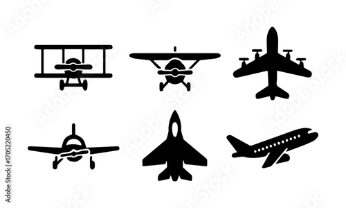 Airplanes and Aviation Flat Vector Icon Set – Jets, Biplanes, Airliners