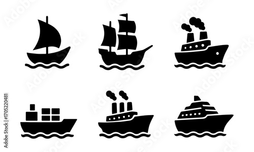 Ships and Boats Flat Vector Icon Set – Sailboat, Cargo, Cruise Liner