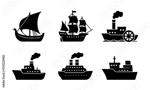 Ships and Boats Flat Vector Icon Set – Sailboat, Cargo, Cruise Liner