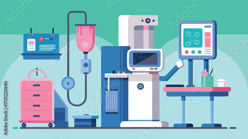 Medical equipment setup in a clinical environment for patient treatment and care procedures