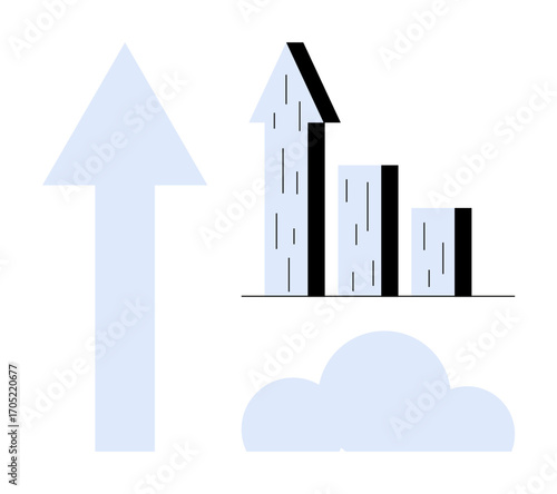 Rising bar graph with upward arrow and cloud symbolizing growth, success, progress, and trends. Ideal for business, statistics, analytics, innovation, corporate goals startup pitch simple landing