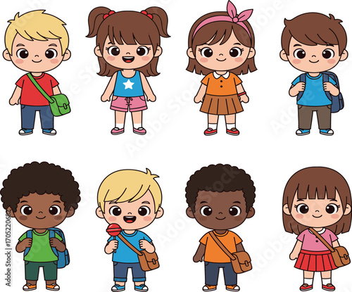 Diverse cartoon children, character set with accessories, colorful outfits and expressions, educational illustration, playful student group, inclusive design vector