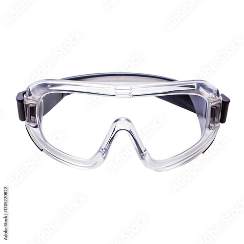 A clear pair of safety goggles with a black strap isolated on a black background in a studio shot