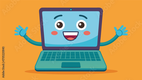 Happy cartoon laptop with friendly face raises arms against orange background