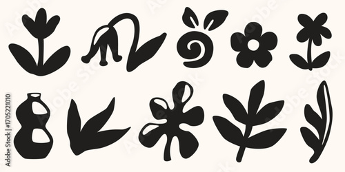 Black boho organic cut shapes with abstract forms for modern design - flowers, vase and botanical leaves. Minimalist decorative cutout simple elements for contemporary poster art or branding.