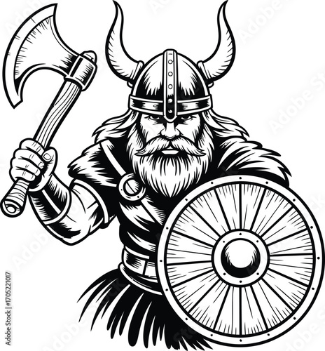 Viking warrior with axe and shield illustration helmet