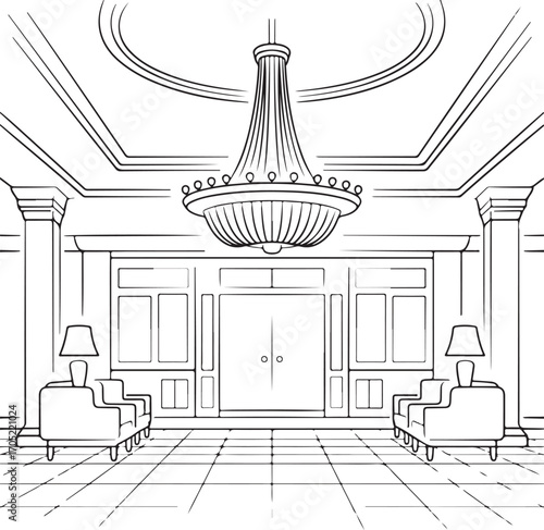 Elegant Interior Hallway with Chandelier and Seating