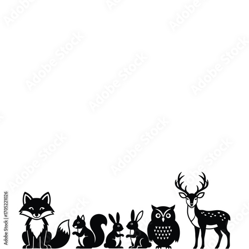 Black and white cartoon forest animals arranged in a row on a white background squirrel rabbit