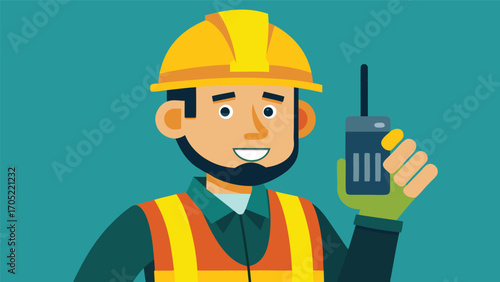 Construction worker smiling while holding radio device, ready for communication on site