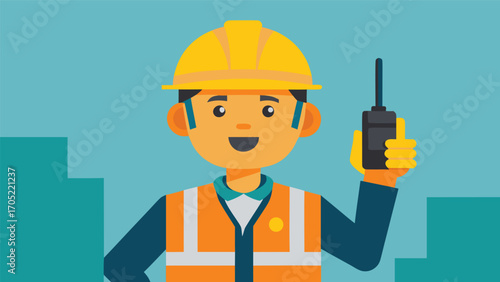 Construction worker in a hard hat communicates using a walkie-talkie while overseeing the site activity