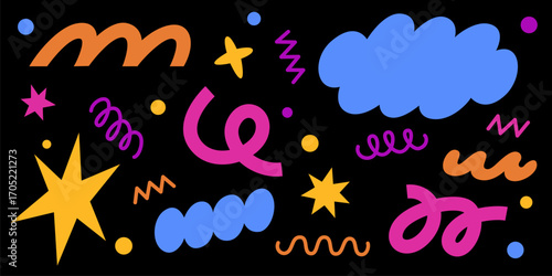 Retro abstract flower elements with cloud shape patterns and colorful geometric forms for modern design. Vibrant pink swirls, orange waves, and blue shapes and yellow stars on black background.