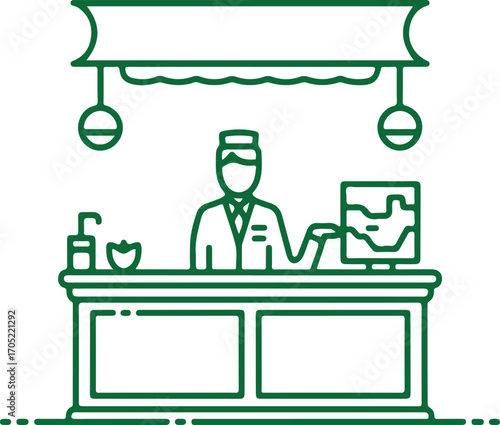 Green Line Art of a Vendor at a Market Stall counter