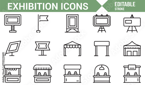 Exhibition booth and trade fair icon collection in editable thin line stroke design
