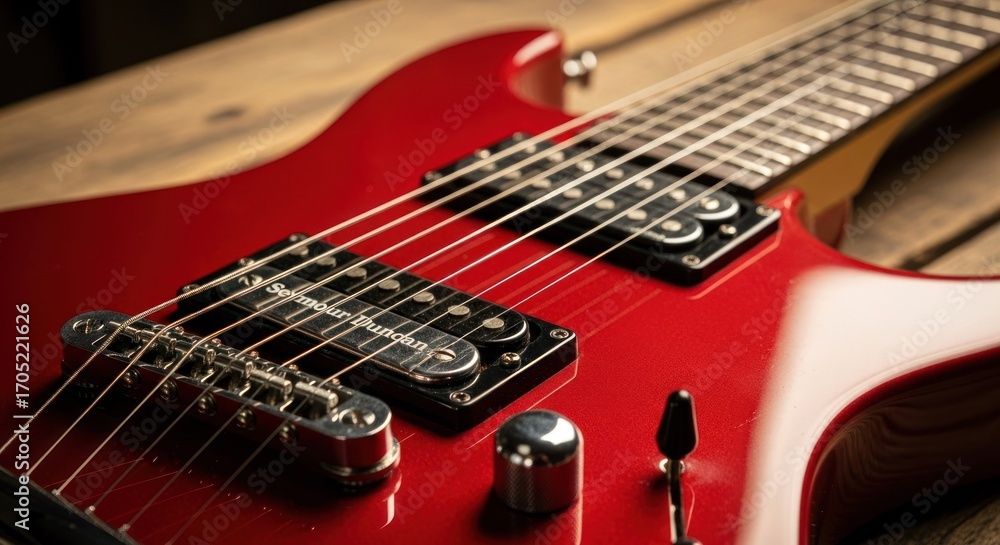 Fototapeta premium Glossy red electric guitar on rustic wooden planks in soft, shallow focus