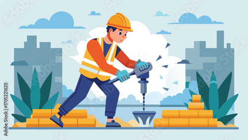 Constructor uses jackhammer at a construction site in a busy urban area during daylight