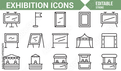 Business expo icons set with booths, signage, and promotional tents in outline style