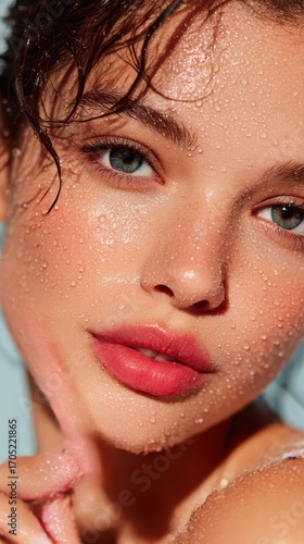 A woman with wet hair and makeup