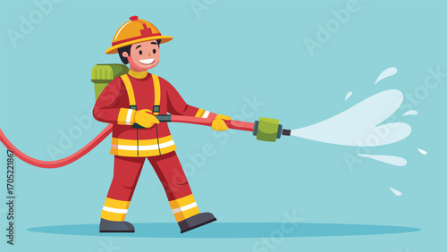 Firefighter holding hose sprays water while smiling in a bright and colorful illustration