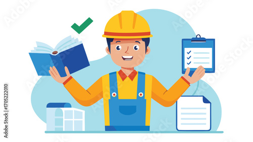 Construction worker examining plans and conducting safety checks at a project site during daytime hours