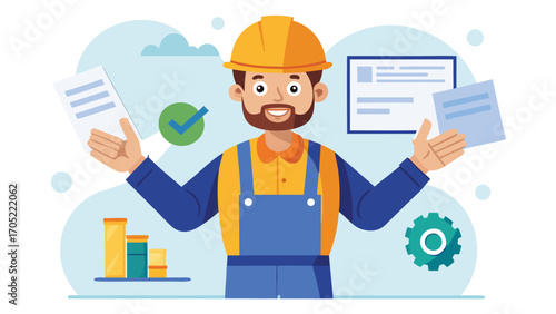 Construction worker reviewing plans and documents in a project office setting