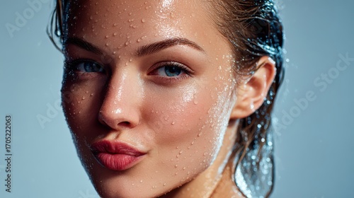 A woman with wet hair and a pink lip