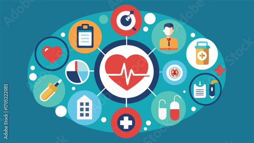 Health care symbols and icons illustrating wellness and medical services in a vibrant design