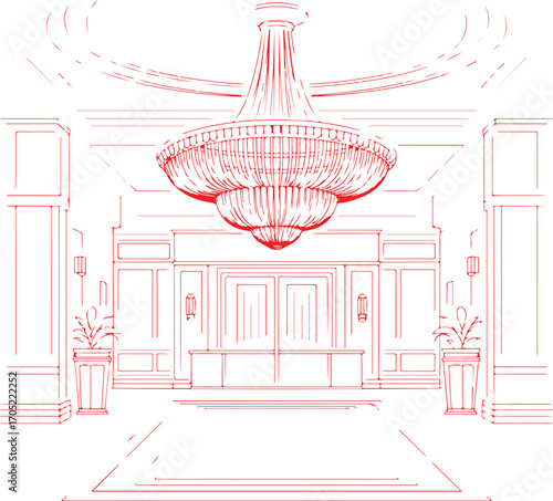 Red Line Drawing of an Ornate Chandelier in a Grand Hall