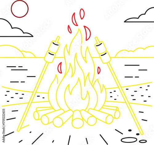 Yellow and Red Line Art Campfire with Marshmallows and Sunset