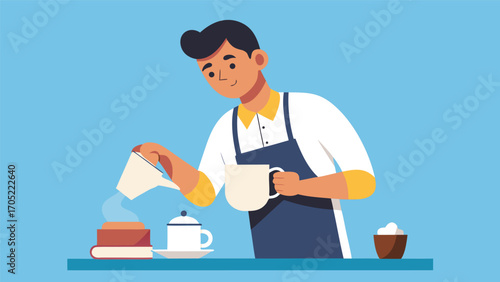 Barista prepares coffee with steaming water in a cozy cafe setting during morning hours