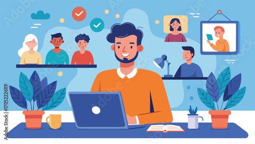 Remote work environment showcasing a man engaging in video calls with colleagues at home