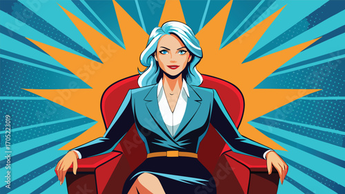 Confident businesswoman sitting in an elegant chair with blue and orange graphic background