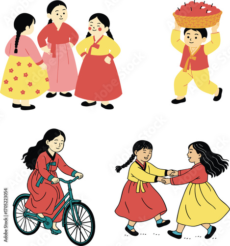 raditional Korean children in hanbok playing, riding bicycle, and carrying basket, colorful cultural vector illustration showing daily life and folk activities, perfect for education or design.