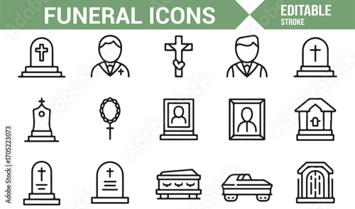 Death and mourning icon collection including tombstones, coffins, and obituary frames