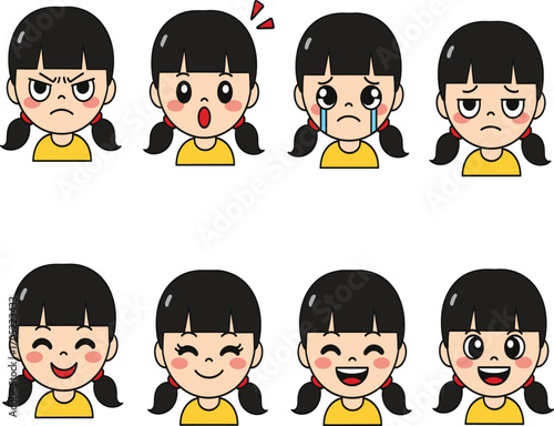 Girl emotion illustration, cartoon facial expressions, emotional learning vector, character design set, classroom behavior concept, feelings recognition, yellow shirt