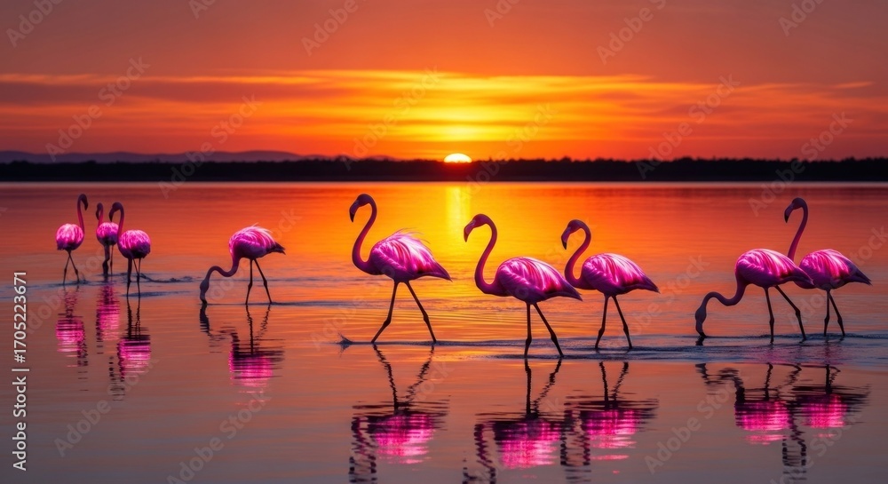 Naklejka premium Pink flamingos gracefully walk along a serene lake at sunset, their vibrant plumage reflecting the fiery hues of the sky.