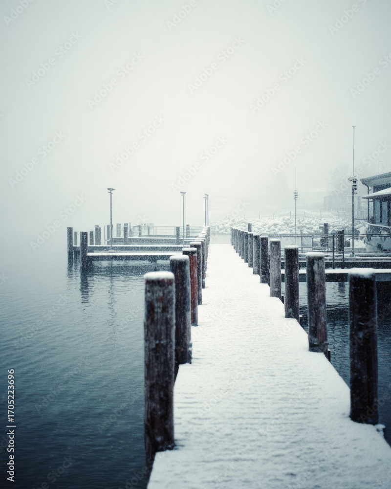 Fototapeta premium Snowy Pier in Winter Fog with Fresh Snowfall and Silent Lake Harbor. AI generative