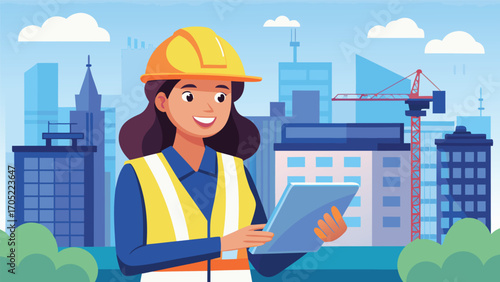 Construction worker using a tablet in an urban setting during the day with buildings and a crane in the background