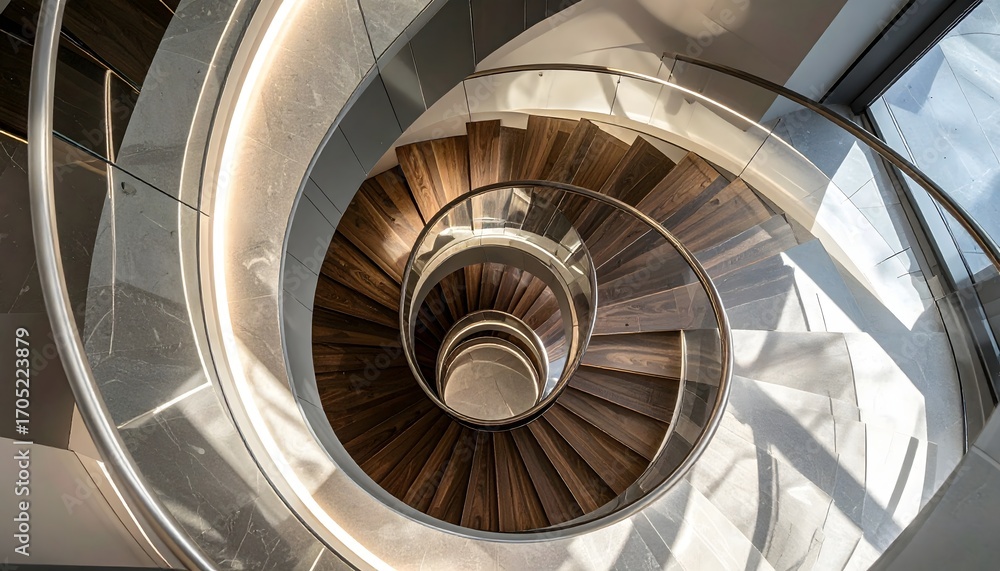 Fototapeta premium Architectural detail of a spiral staircase with transparent glass and polished wooden steps. The elegant, curved form creates a mesmerizing pattern leading upward