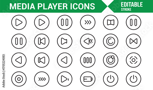 Editable vector media player symbols including play, stop, pause, and forward buttons