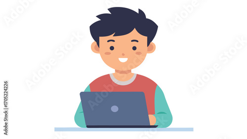 Young boy working on a laptop while smiling in a cozy indoor setting in the afternoon