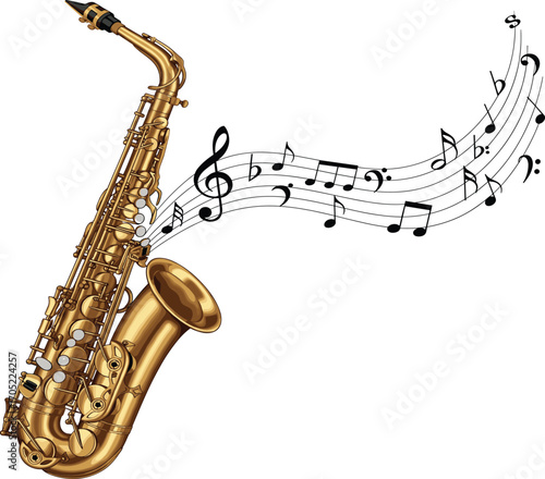 Golden saxophone, musical notes, jazz instrument, melody flow, music concept, sound wave, brass instrument, artistic design, performance vibe, music energy
