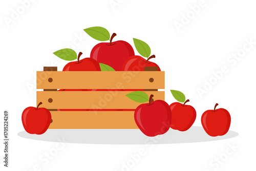 Hand-drawn composition with apples in a wooden box. Minimal fruit illustration