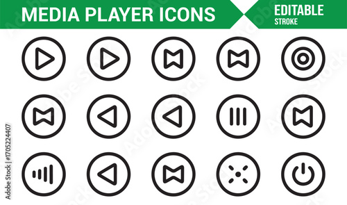 Music and video player outline icons set with playback and volume control elements