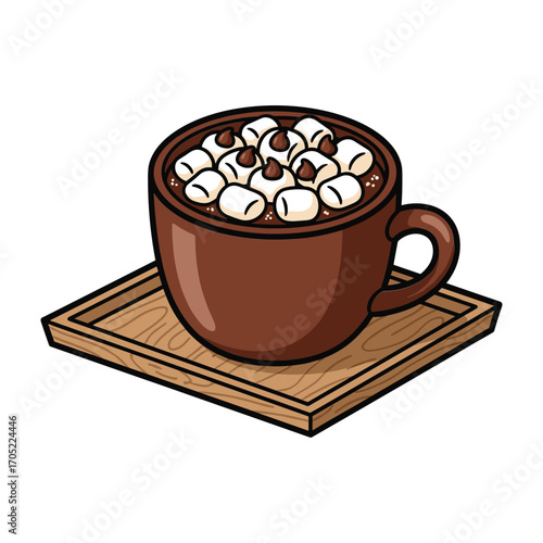Brown mug of hot chocolate with marshmallows and chocolate chips on a wooden saucer vector